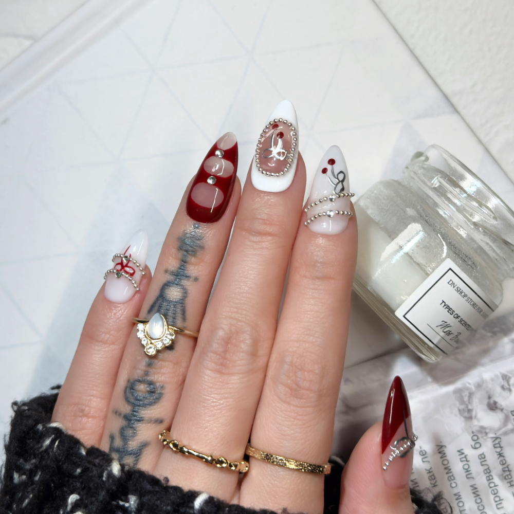 Sweet Cherry Charm | Handmade Nails,Ellie Vincy Press on Nails,Long, Medium Almond,French tip,Handmade Brown, White, Silver, Red press on nails,10 pcs, false nails,reusable,glue on nails