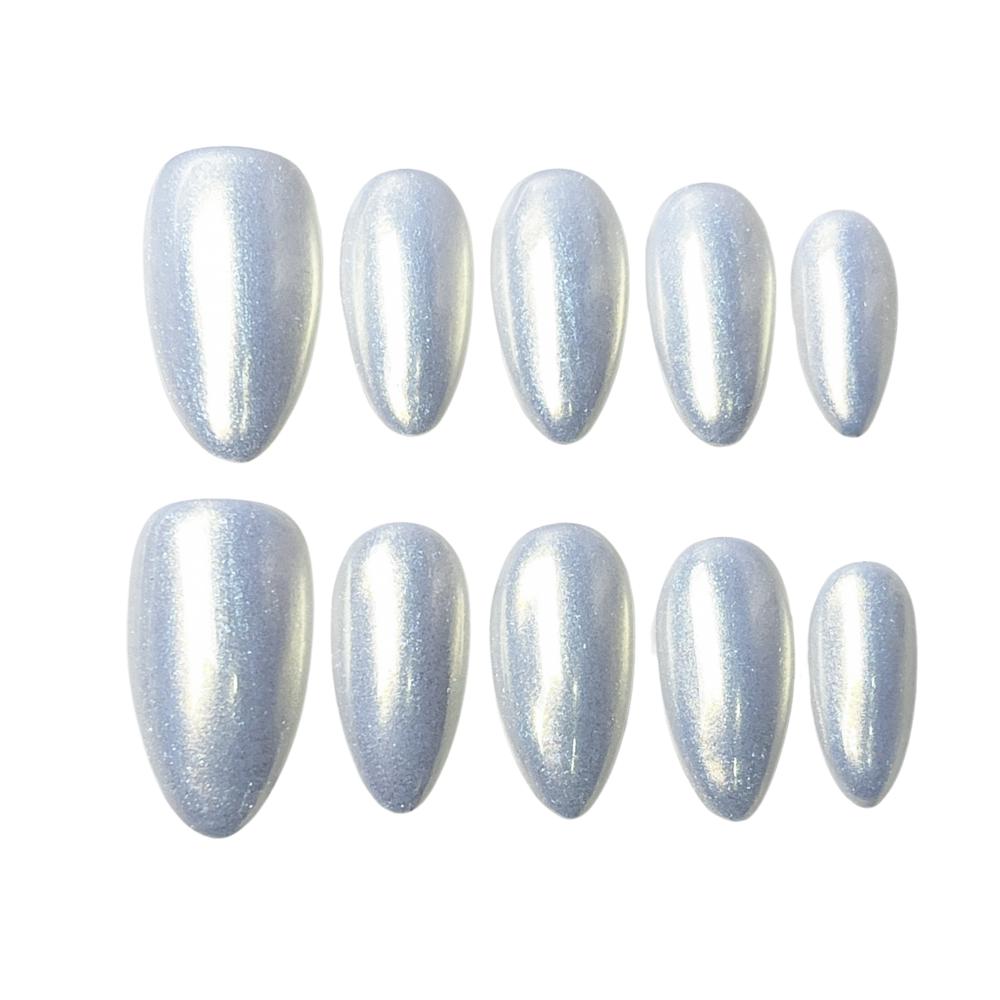 Pearl Glow White| Handmade Nails,Ellie Vincy Press on Nails,Medium Almond,Iridescent, Solid color,Handmade White press on nails,10 pcs, false nails,reusable,glue on nails