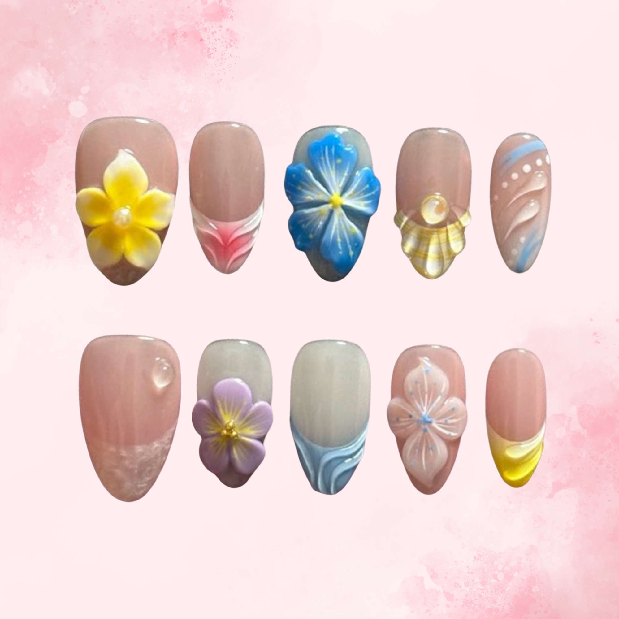 Petal Whispers | Handmade Nails,Ellie Vincy Press on Nails,Short Almond,Cute, Floral, French tip,Handmade White, Pink, Floral, Blue, Yellow press on nails,10 pcs, False nails,Reusable,Glue on nails,Sticky on nails,Pop on nails