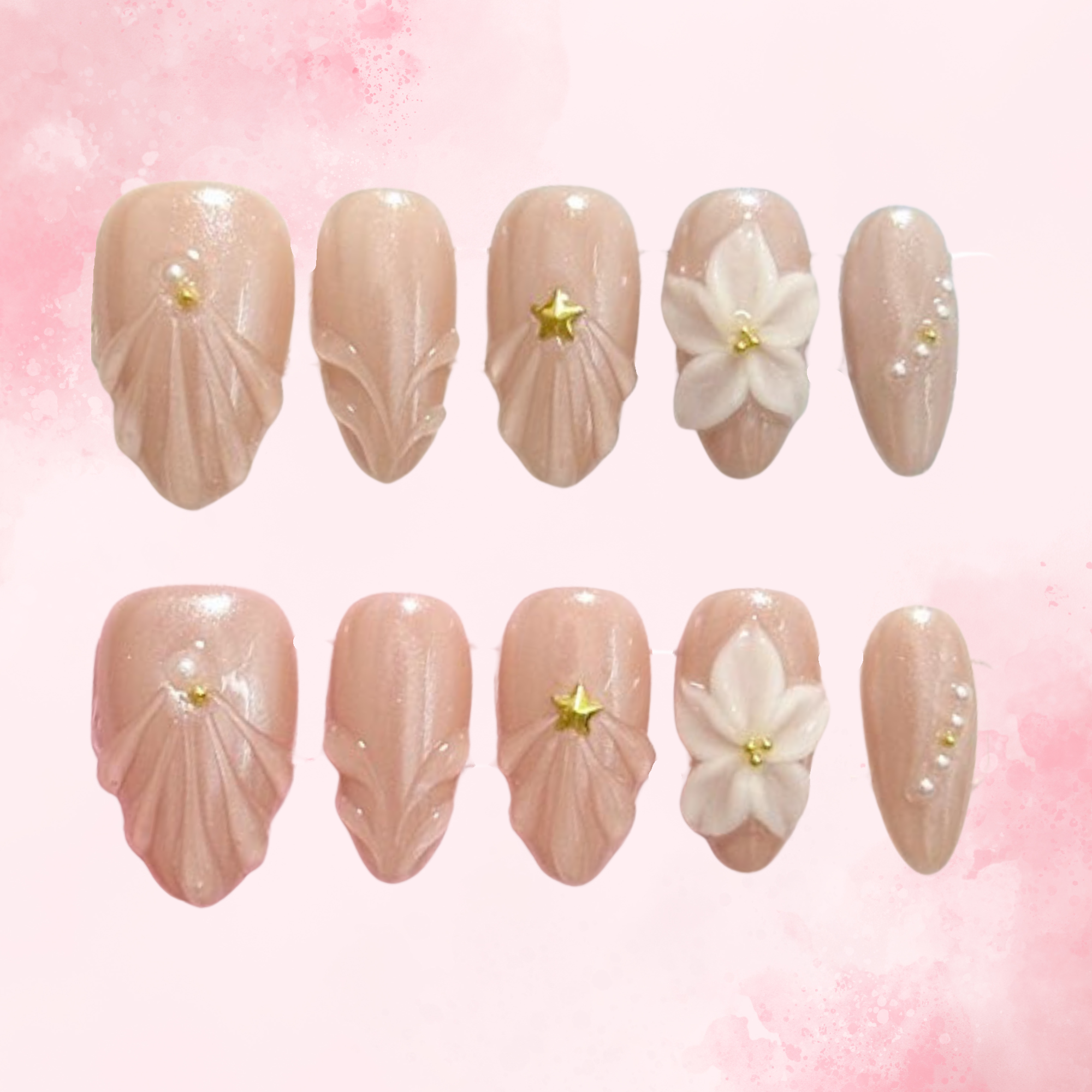 Shell Blossom | Handmade Nails,Ellie Vincy Press on Nails,Short Almond,Cute, Floral, French tip,Handmade White, Floral, Orange, Gold press on nails,10 pcs, False nails,Reusable,Glue on nails,Sticky on nails,Pop on nails