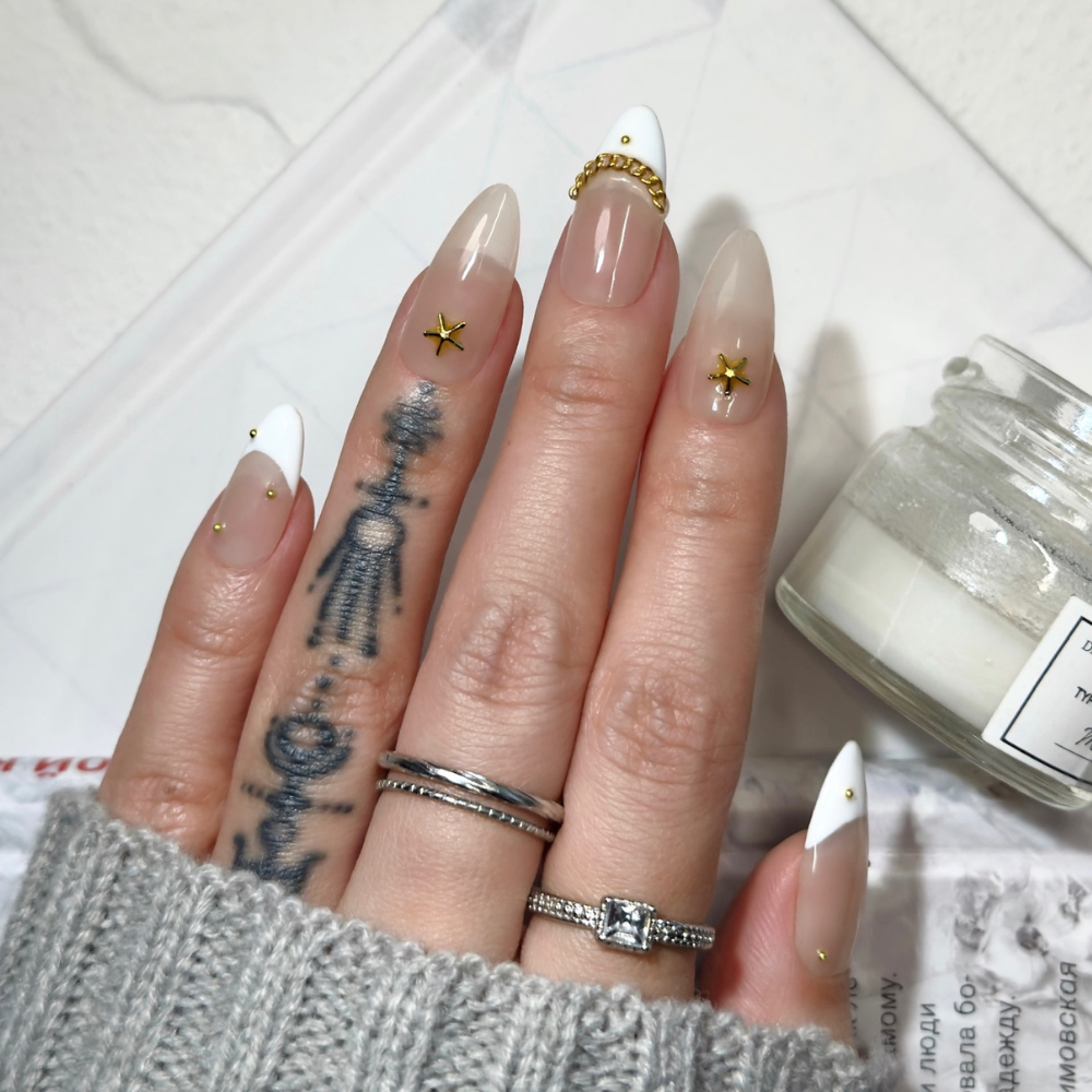 Classic Nails | Handmade Nails,Ellie Vincy Press on Nails,Medium Almond,French tip,Handmade Multicolor, White, Gold press on nails,10 pcs, false nails,reusable,glue on nails