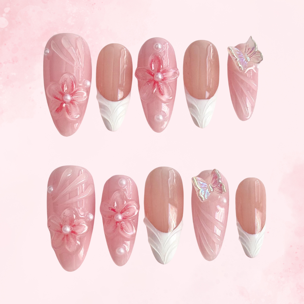 Floral French Dream | Handmade Nails,Ellie Vincy Press on Nails,Long, Medium Almond,Cute, Floral, French tip,Handmade Pink, White, Floral press on nails,10 pcs, False nails,Reusable,Glue on nails,Sticky on nails,Pop on nails