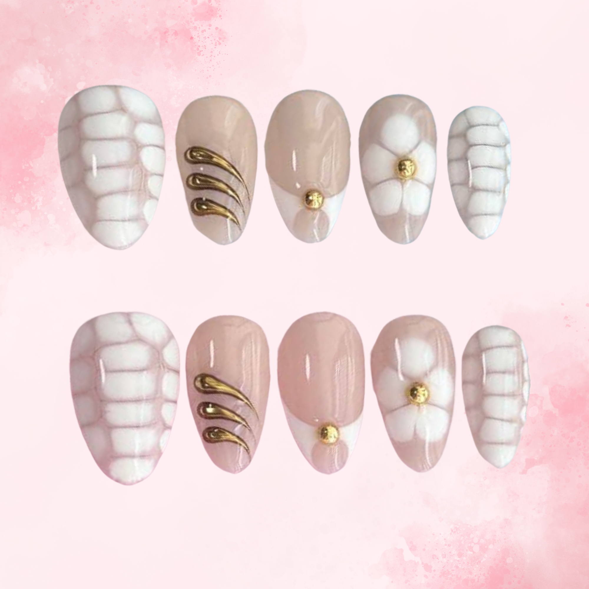 Petal Scales | Handmade Nails,Ellie Vincy Press on Nails,Short Almond,Cute, Floral, French tip, Solid color,Handmade White, Gold, Nude, Floral press on nails,10 pcs, False nails,Reusable,Glue on nails,Sticky on nails,Pop on nails