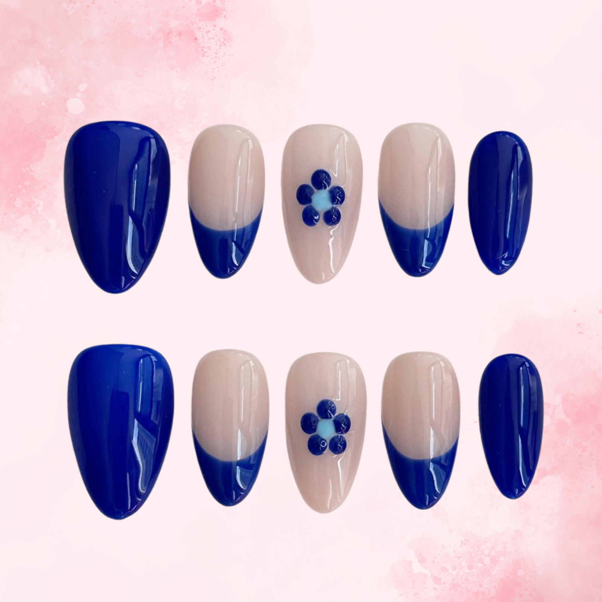 Indigo Bloom | Handmade Nails,Ellie Vincy Press on Nails,Short Almond,Cute, Floral, French tip,Handmade White, Blue, Nude, Floral press on nails,10 pcs, False nails,Reusable,Glue on nails,Sticky on nails,Pop on nails