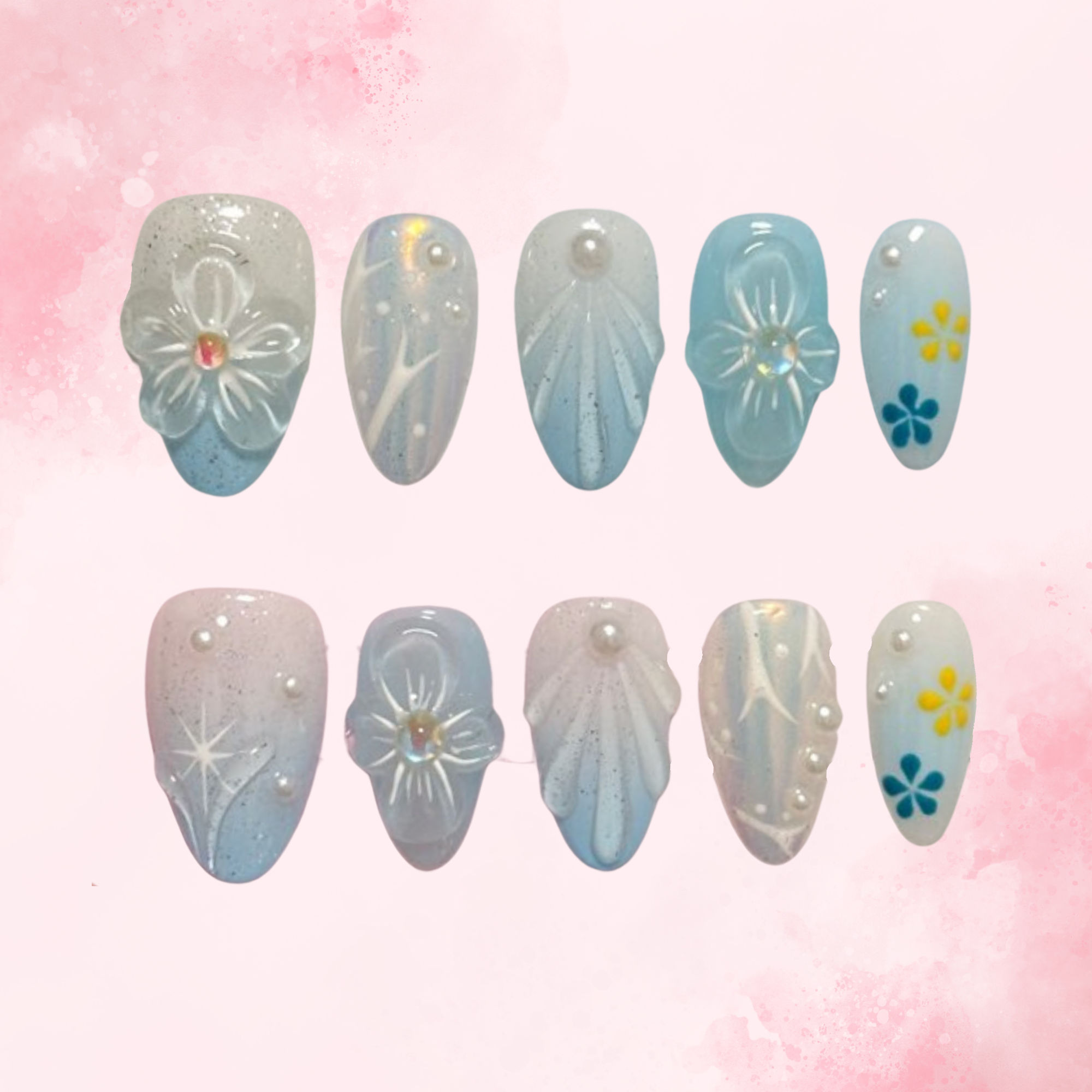 Frosted Blossom | Handmade Nails,Ellie Vincy Press on Nails,Short Almond,Cute, Floral, French tip,Handmade White, Blue, Nude, Floral, Yellow press on nails,10 pcs, False nails,Reusable,Glue on nails,Sticky on nails,Pop on nails