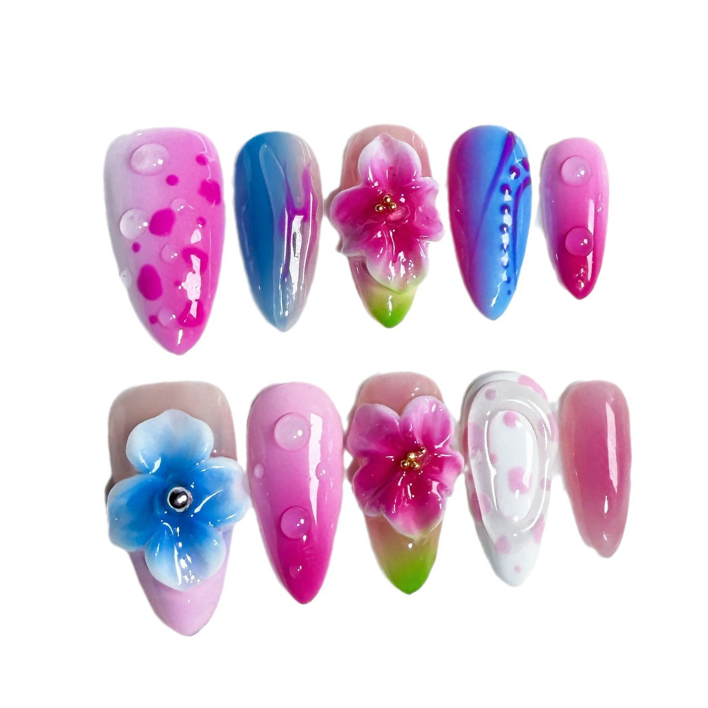 Soft Floral Gradient | Handmade Nails,Ellie Vincy Press on Nails,Long, Medium Almond,Cute, Floral,Handmade Pink, Blue, White press on nails,10 pcs, false nails,reusable,glue on nails