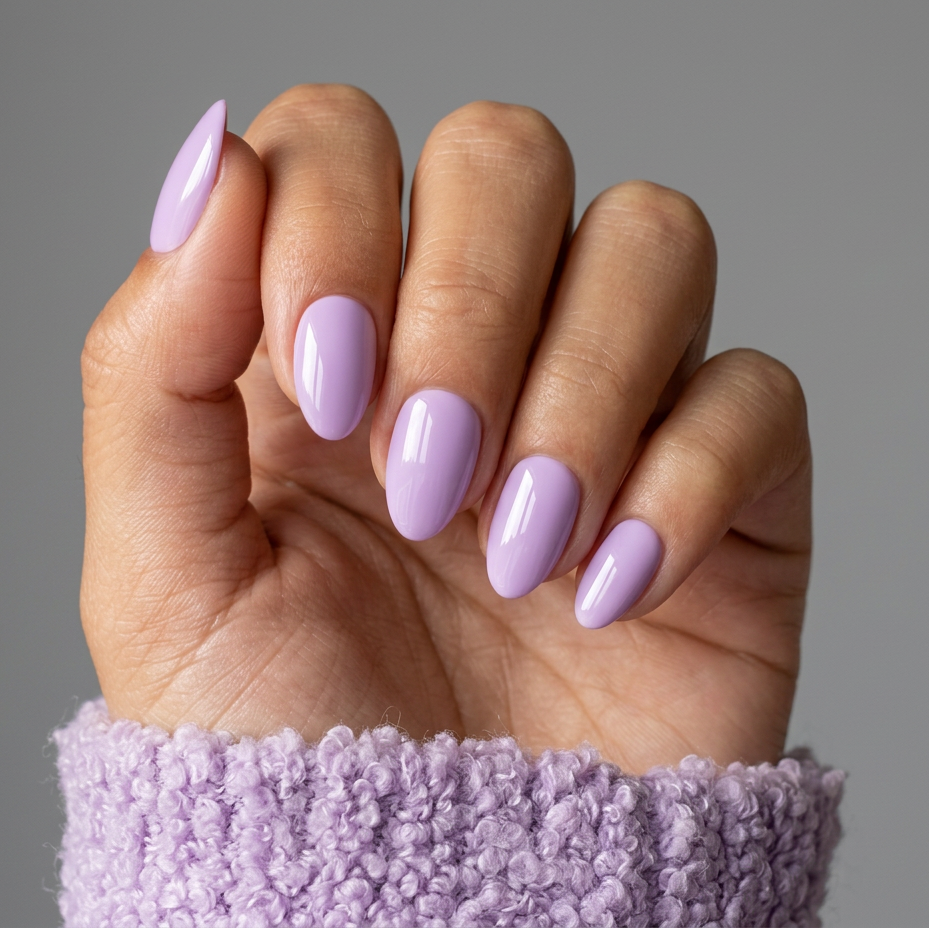 Hand with light purple nail polish on a gray background