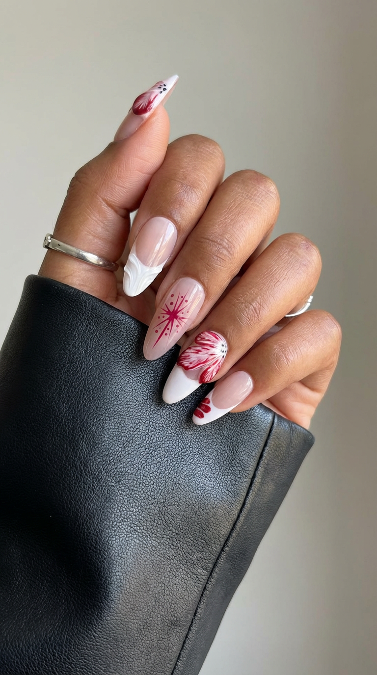 Ellie Vincy Press on Nails Crimson Blossom | Handmade Nails Almond Pink, Red, White Cute, Floral, French tip