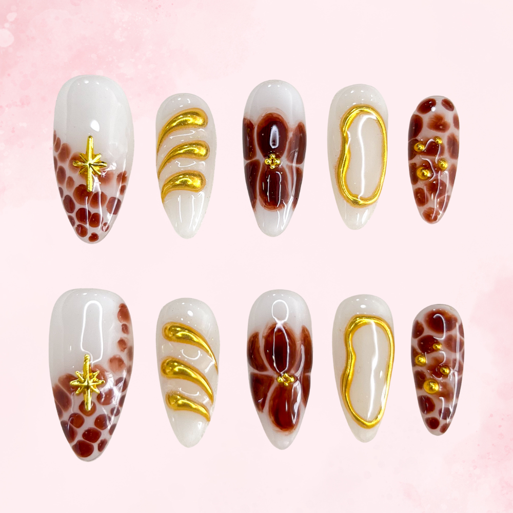 Brown Gold Marble | Handmade Nails,Ellie Vincy Press on Nails,Medium Almond,Floral, Metallic,Handmade Floral, Brown, Gold, Nude press on nails,10 pcs, false nails,reusable,glue on nails