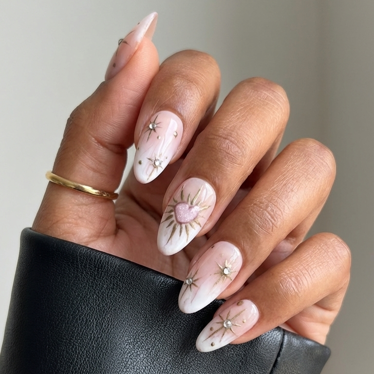 ellie vincy press on nails Starlit Heart Bloom | Handmade Nails Almond White, Gold Iridescent, Metallic, Solid color