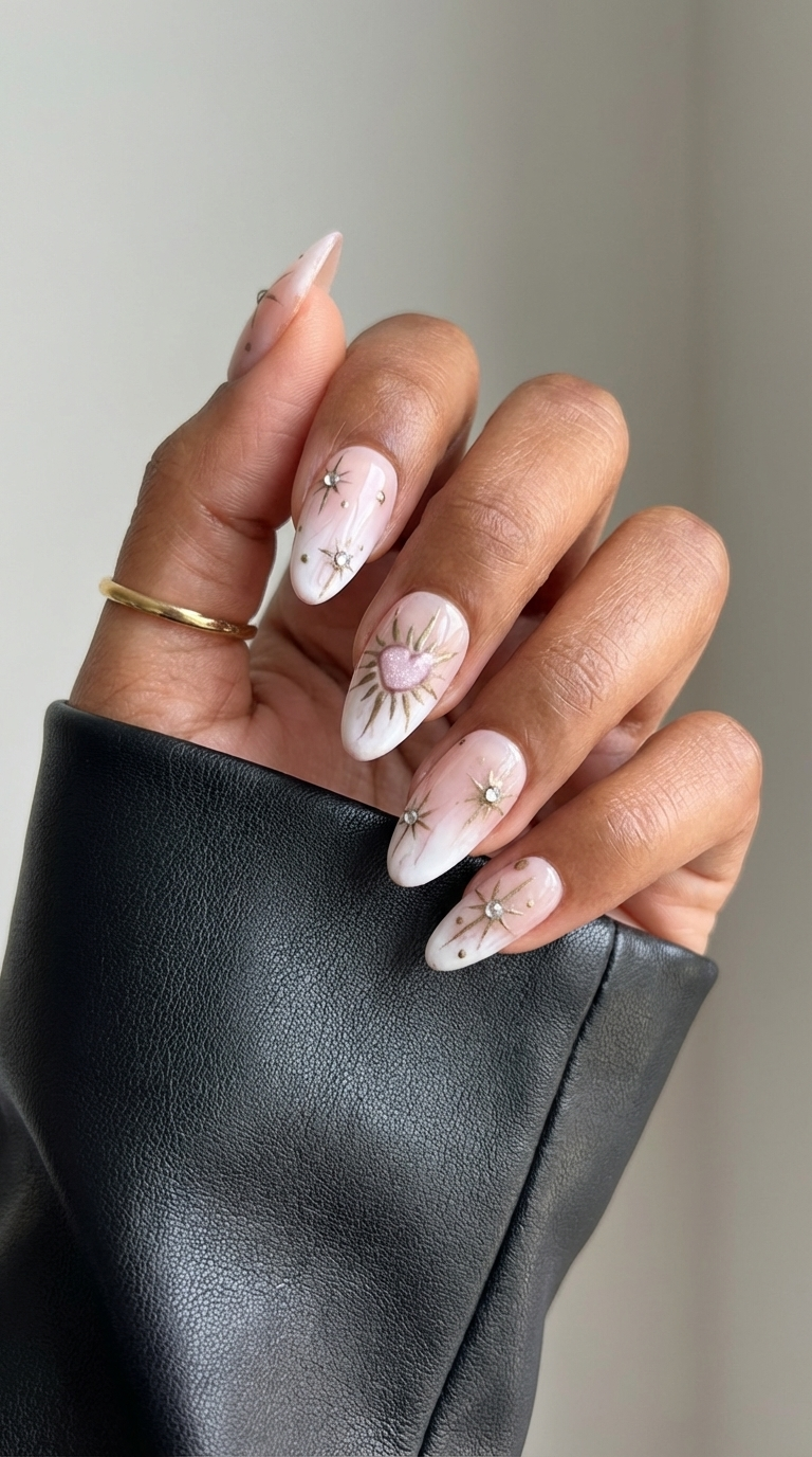 ellie vincy press on nails Starlit Heart Bloom | Handmade Nails Almond White, Gold Iridescent, Metallic, Solid color