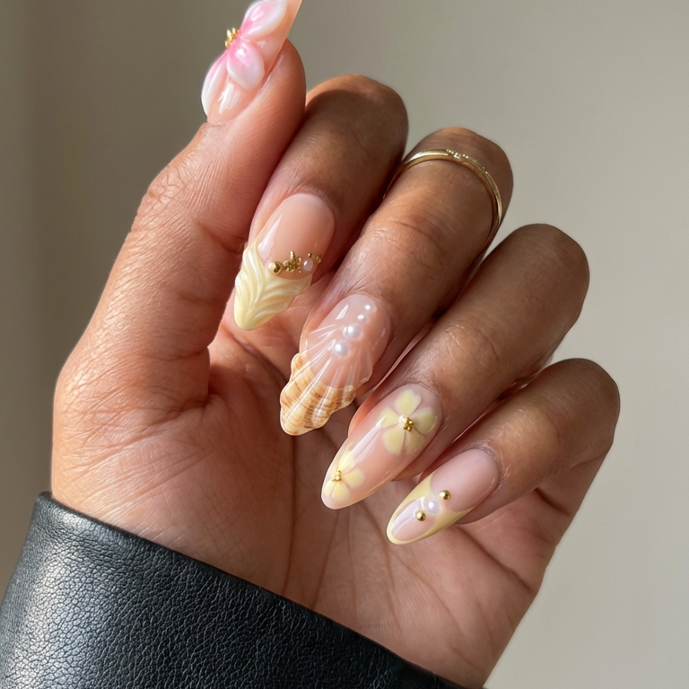 ellie vincy press on nails Nude Shell Short Almond Luxury Glue on Press on Nails Almond, Square Green Floral, French tip, Animal print, Geometric, EV025, Metallic