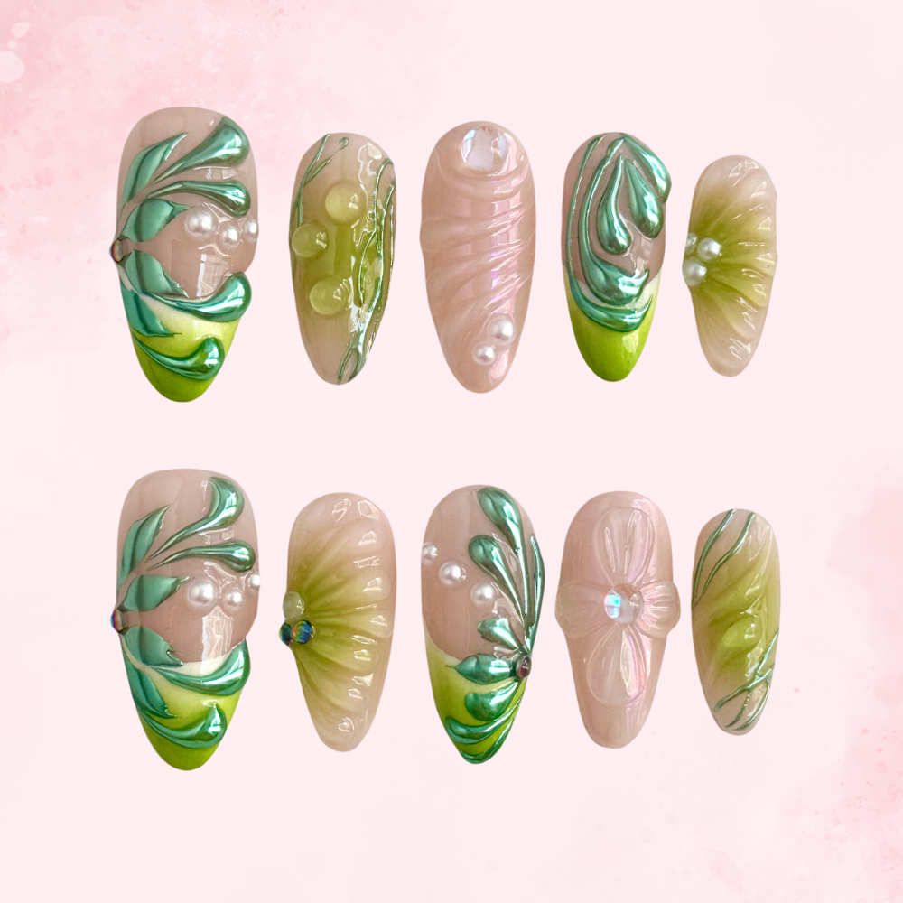 Green Oasis | Handmade Nails,Ellie Vincy Press on Nails,Medium Almond,Cute, Floral, Natural,Handmade Green press on nails,10 pcs, false nails,reusable,glue on nails