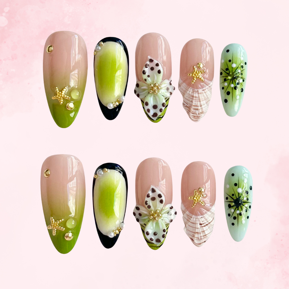 Pearl Green Leaf | Handmade Nails,Ellie Vincy Press on Nails,Long, Medium Almond,Floral,Handmade White, Green press on nails,10 pcs, false nails,reusable,glue on nails