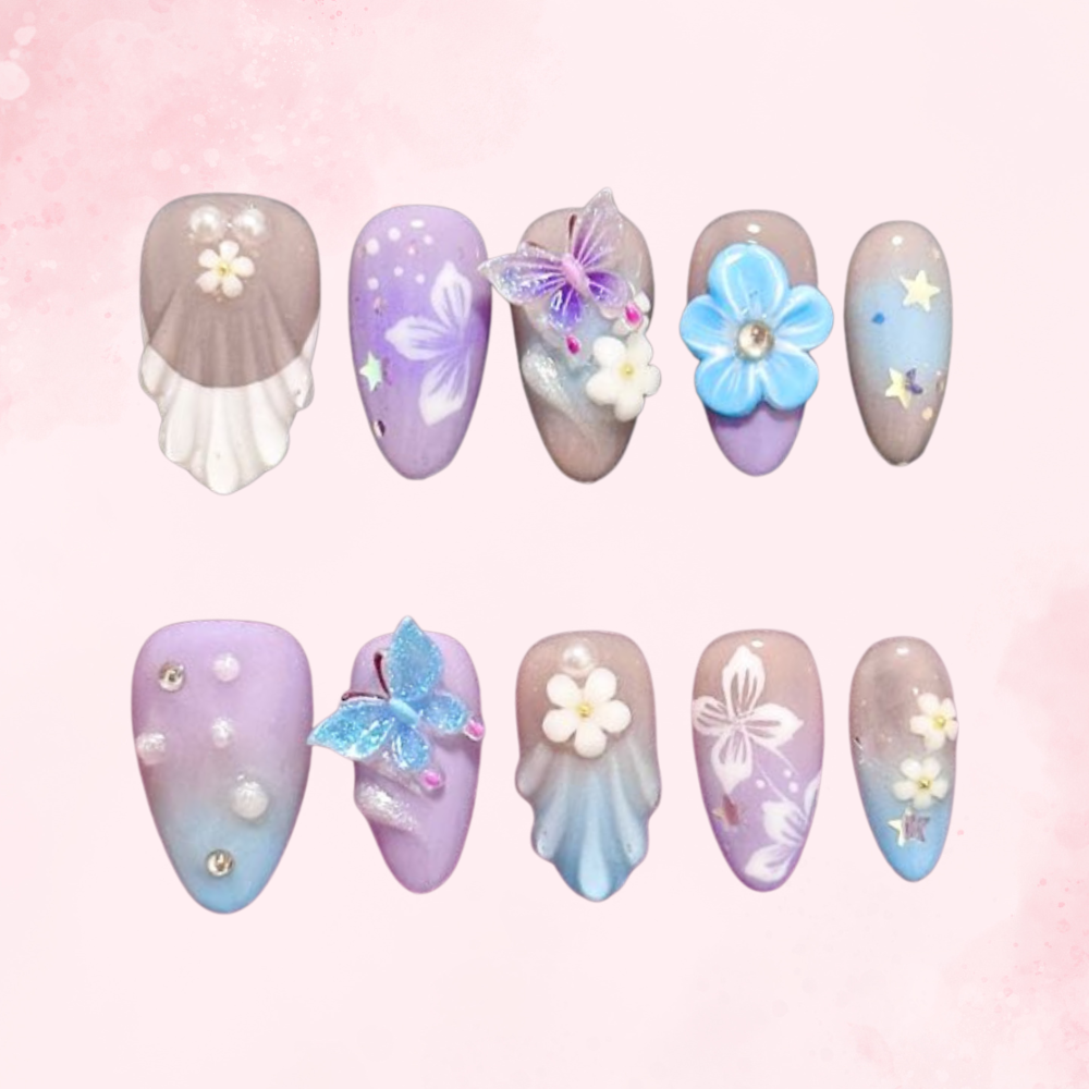 Butterfly Bloom Dream | Handmade Nails,Ellie Vincy Press on Nails,Short Almond,Ombre, Metallic, Iridescent, Floral, Solid color,Handmade Blue, White, Nude press on nails,10 pcs, False nails,Reusable,Glue on nails,Sticky on nails,Pop on nails