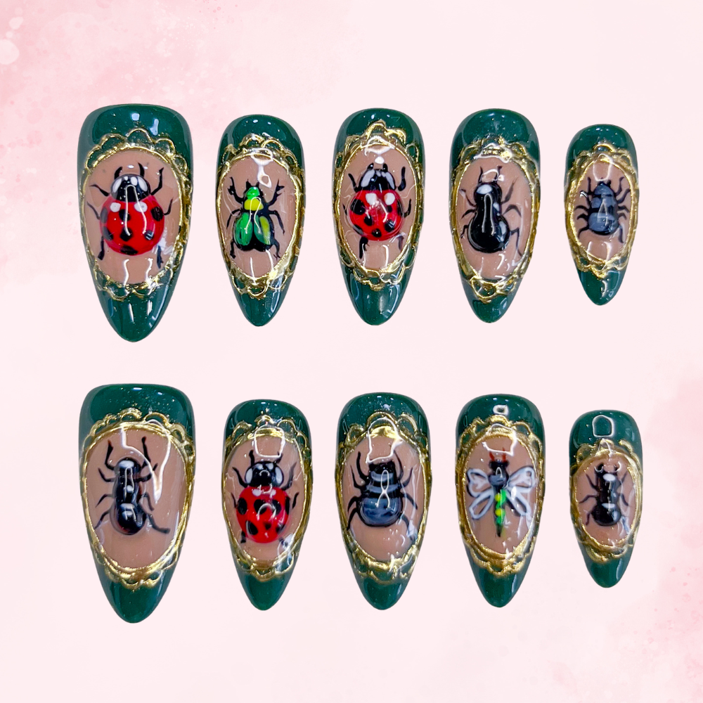 Beetle Garden| Handmade Nails,Ellie Vincy Press on Nails,Long, Medium Almond,Glitter, Metallic, Abstract, Animal print,Handmade Green, Nude press on nails,10 pcs, false nails,reusable,glue on nails