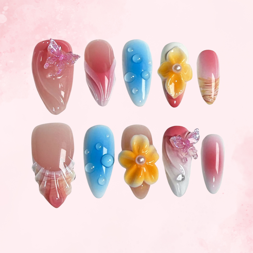 3D Floral & Butterfly | Handmade Nails,Ellie Vincy Press on Nails,Medium Almond,Glitter, Floral, Solid color,Handmade Pink, Yellow, Blue press on nails,10 pcs, false nails,reusable,glue on nails