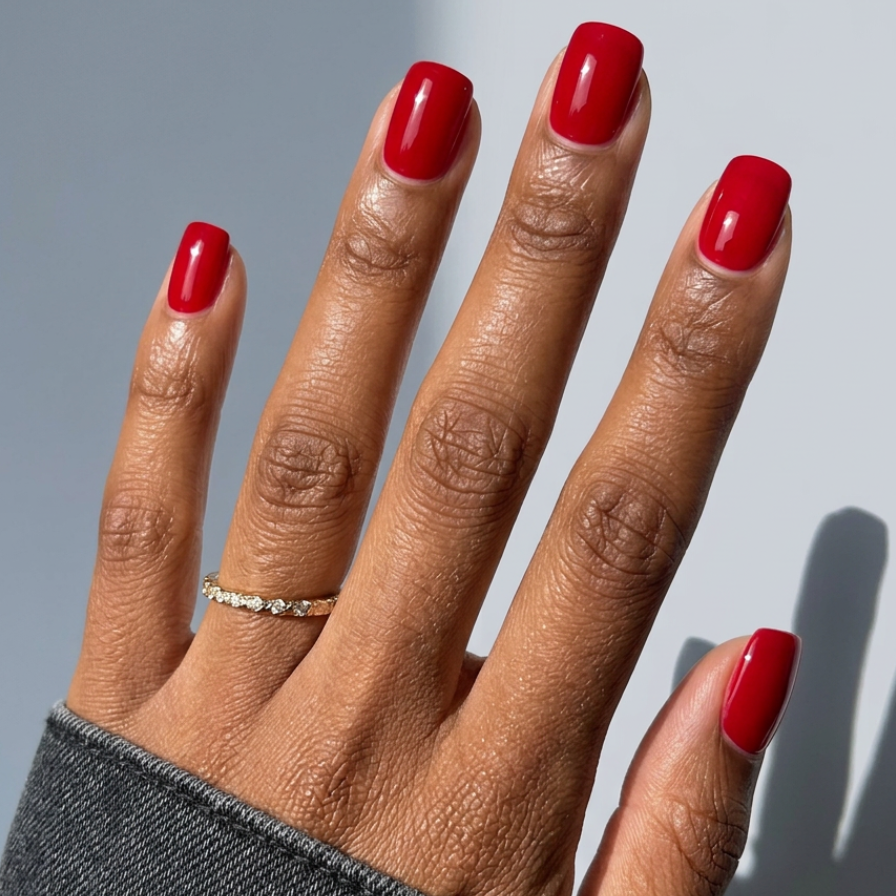 Hand with red nail polish wearing a silver ring on a neutral background