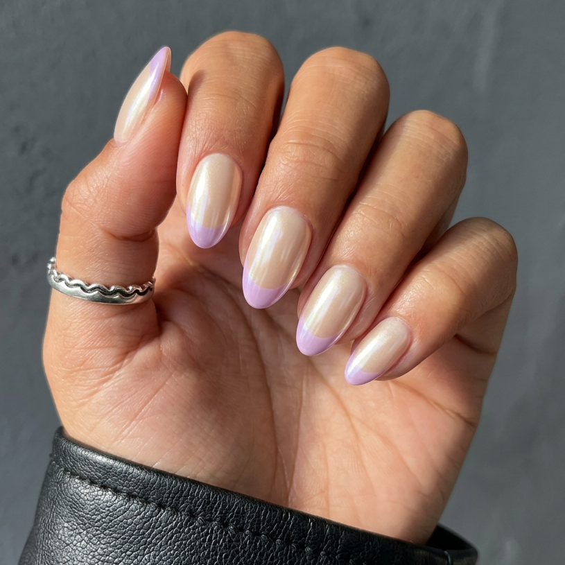 Hand with pink and beige nail polish on a gray background