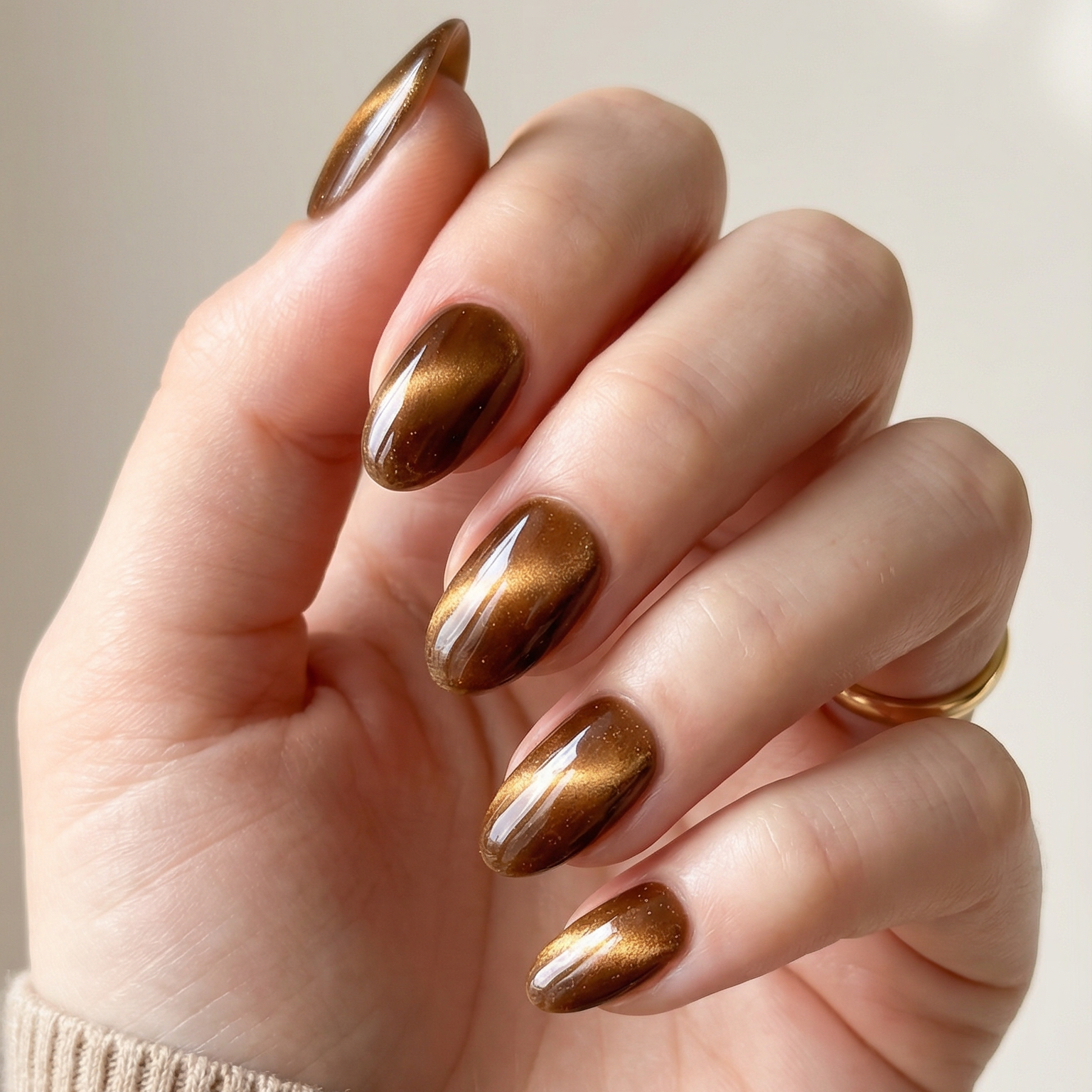 Hand with metallic gold nail polish on a neutral background