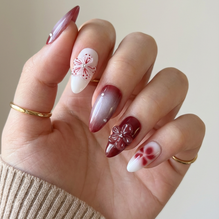 ellie vincy press on nails Berry Bloom | Handmade Nails Almond Brown, Red Cute, Floral, French tip, Solid color