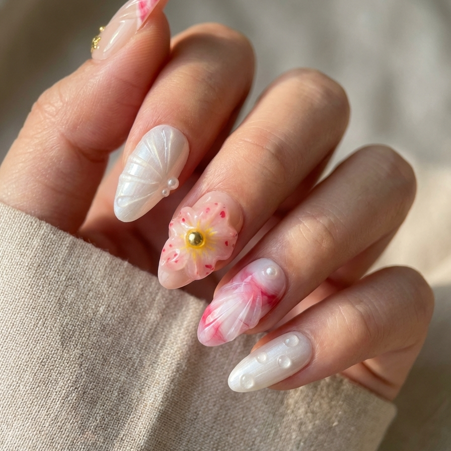 Hand with pink and white floral nail art on a neutral background