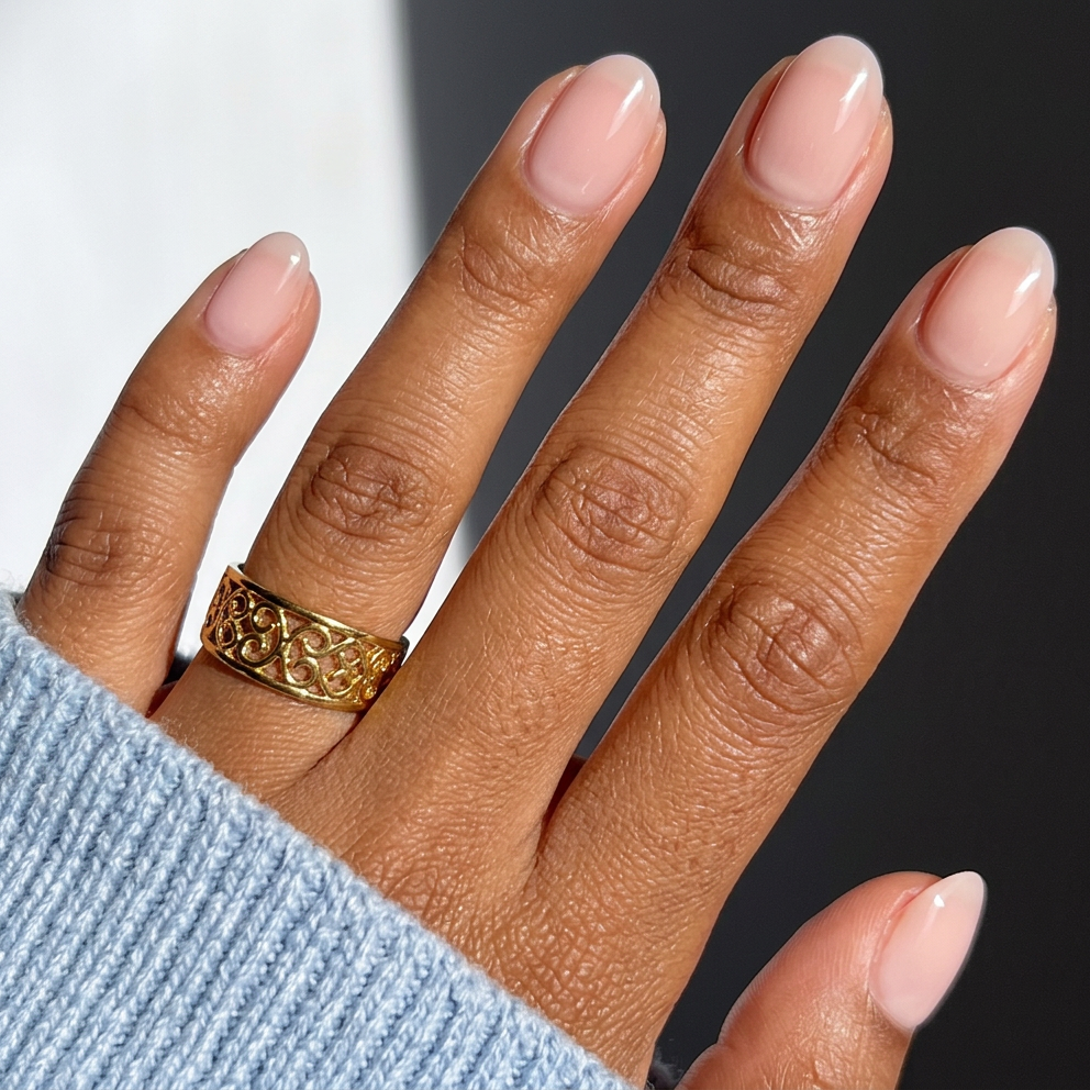 Hand with gold ring and light pink nail polish against a dark background