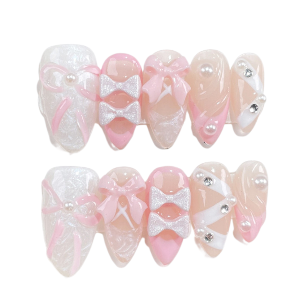 Ballet Pink Bow| Handmade Nails,Ellie Vincy Press on Nails,Medium  Almond,Cute, Glitter,Handmade Pink, White press on nails,10 pcs, false nails,reusable,glue on nails