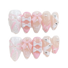 Ballet Pink Bow| Handmade Nails,Ellie Vincy Press on Nails,Medium  Almond,Cute, Glitter,Handmade Pink, White press on nails,10 pcs, false nails,reusable,glue on nails