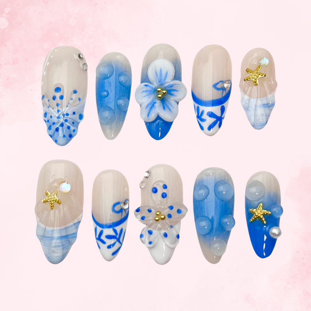 Blue Shell | Handmade Nails,Ellie Vincy Press on Nails,Long, Medium  Almond,Floral, Cute, Natural, Ombre,Handmade White, Blue, Gray press on nails,10 pcs, false nails,reusable,glue on nails