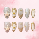 Starshore Bloom | Handmade Nails,Ellie Vincy Press on Nails,Short  Almond,Cute, Floral, French tip,Handmade White, Floral, Orange, Gold press on nails,10 pcs, False nails,Reusable,Glue on nails,Sticky on nails,Pop on nails
