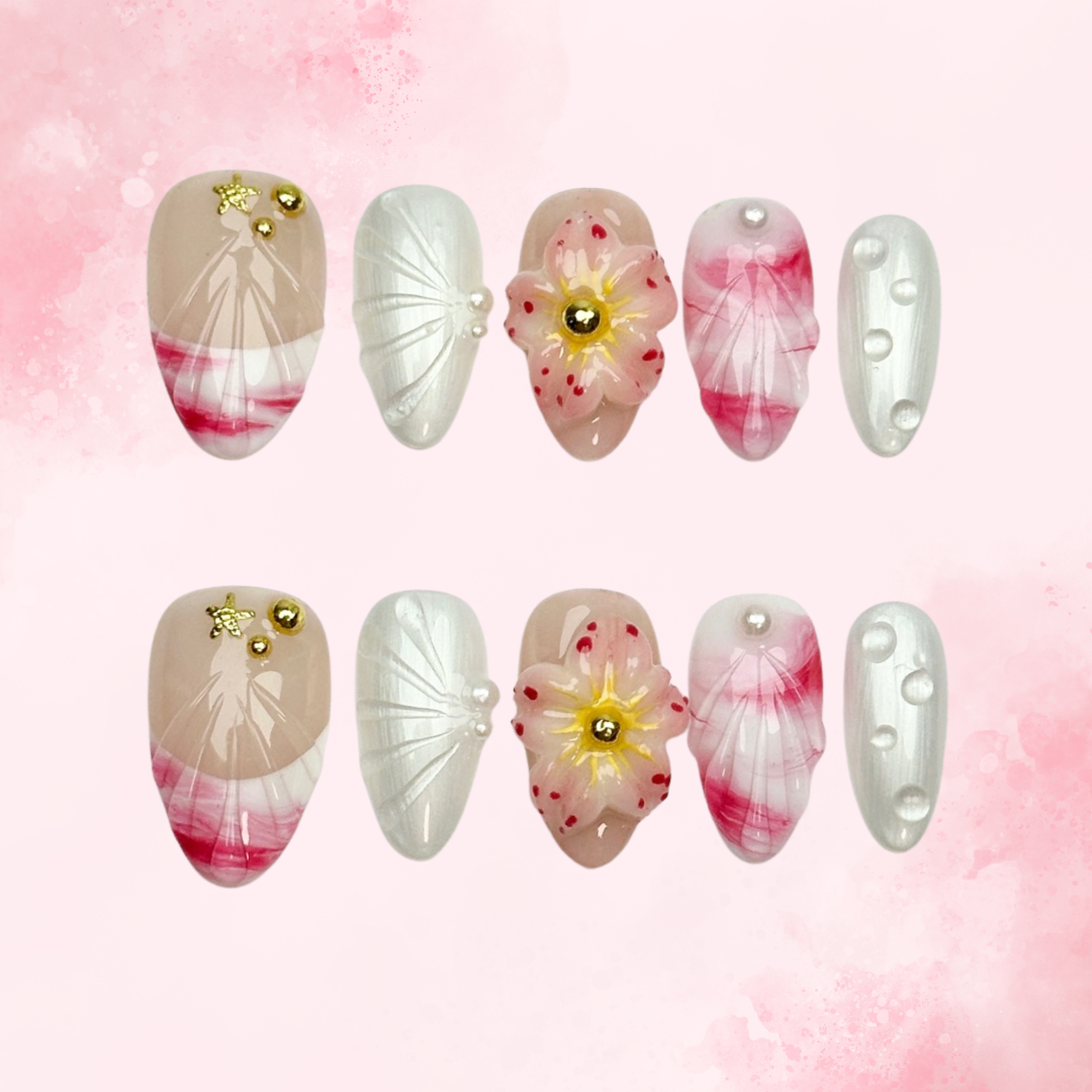 Shell Bloom | Handmade Nails,Ellie Vincy Press on Nails,Short  Almond,Ombre, Metallic, Iridescent, Floral, Solid color, French tip,Handmade Pink, White, Floral press on nails,10 pcs, False nails,Reusable,Glue on nails,Sticky on nails,Pop on nails