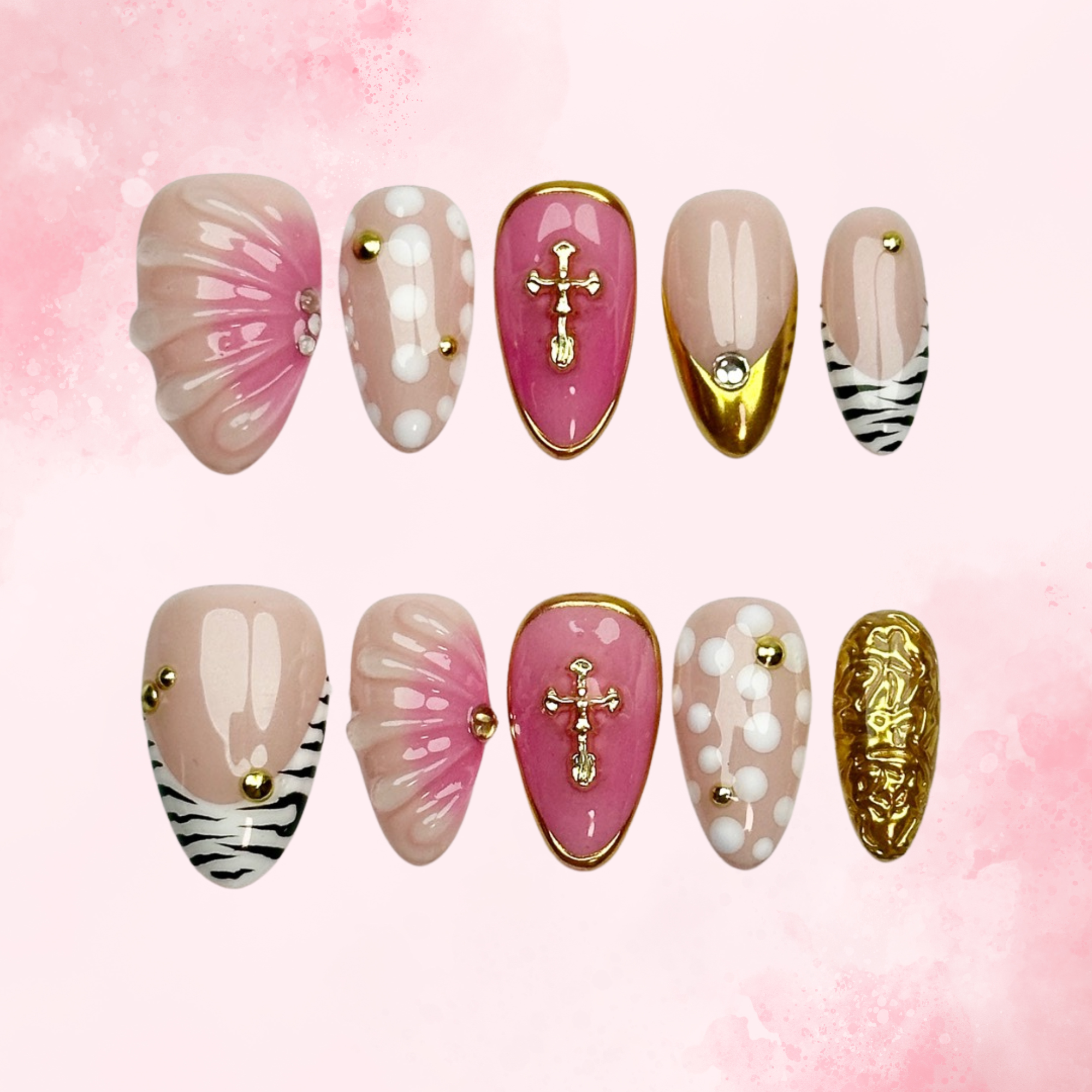 Zebra Pink Shine | Handmade Nails,Ellie Vincy Press on Nails,Short  Almond, Square,Ombre, Metallic, Iridescent, Floral, Solid color, French tip, Animal print, Glitter,Handmade Pink, White, Floral, Gold, Black, Animal press on nails,10 pcs, False nails,Reusable,Glue on nails,Sticky on nails,Pop on nails