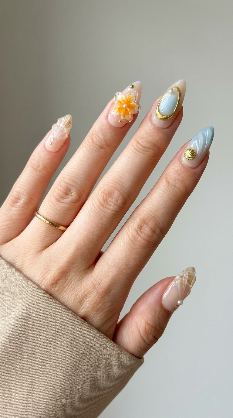ellie vincy press on nails  Coastal Shell  Almond Luxury Short Glue on Press on Nails Almond, Square  Floral, Pink, Beige, Geometric  Floral, French tip, Abstract, Geometric, Metallic