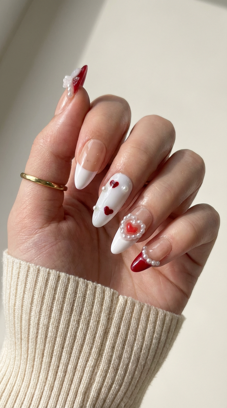 ellie vincy press on nails  3D Heart & Bow | Handmade Nails Almond  Red  French tip