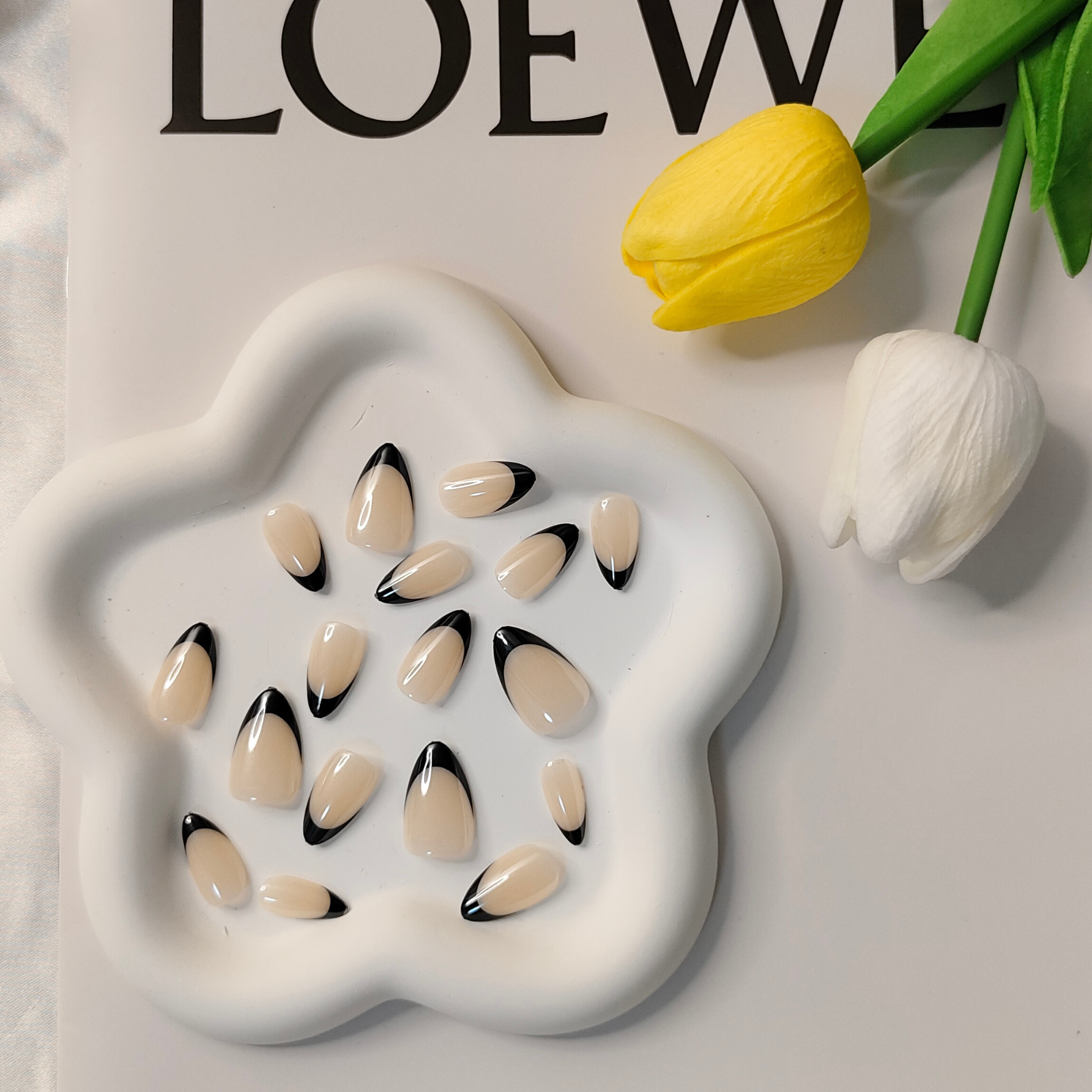 french tip, black french nails, black nude nails, french tip glazed, french tip chrome, chrome nails, press on nails, glued on nails, 