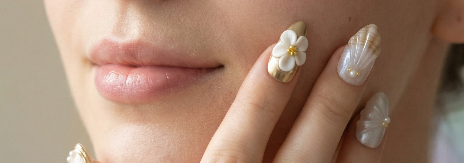 Close-up of a woman's face with floral nail art and a neutral background