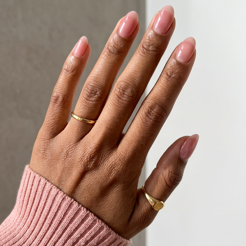 Hand with pink nail polish wearing two gold rings against a neutral background