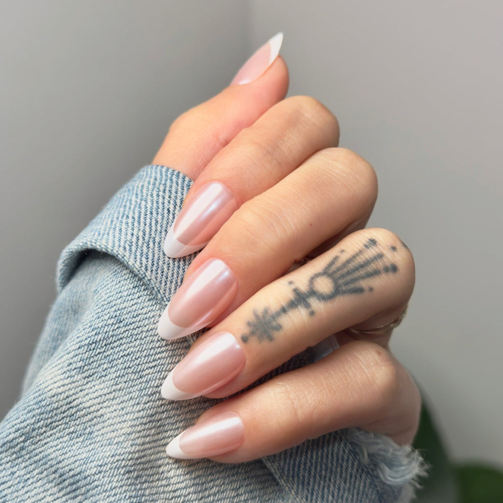 nude white nails, white french tip, french tip glaze, chrome nails, white chrome nails, classic white french tip, french tip almond nails