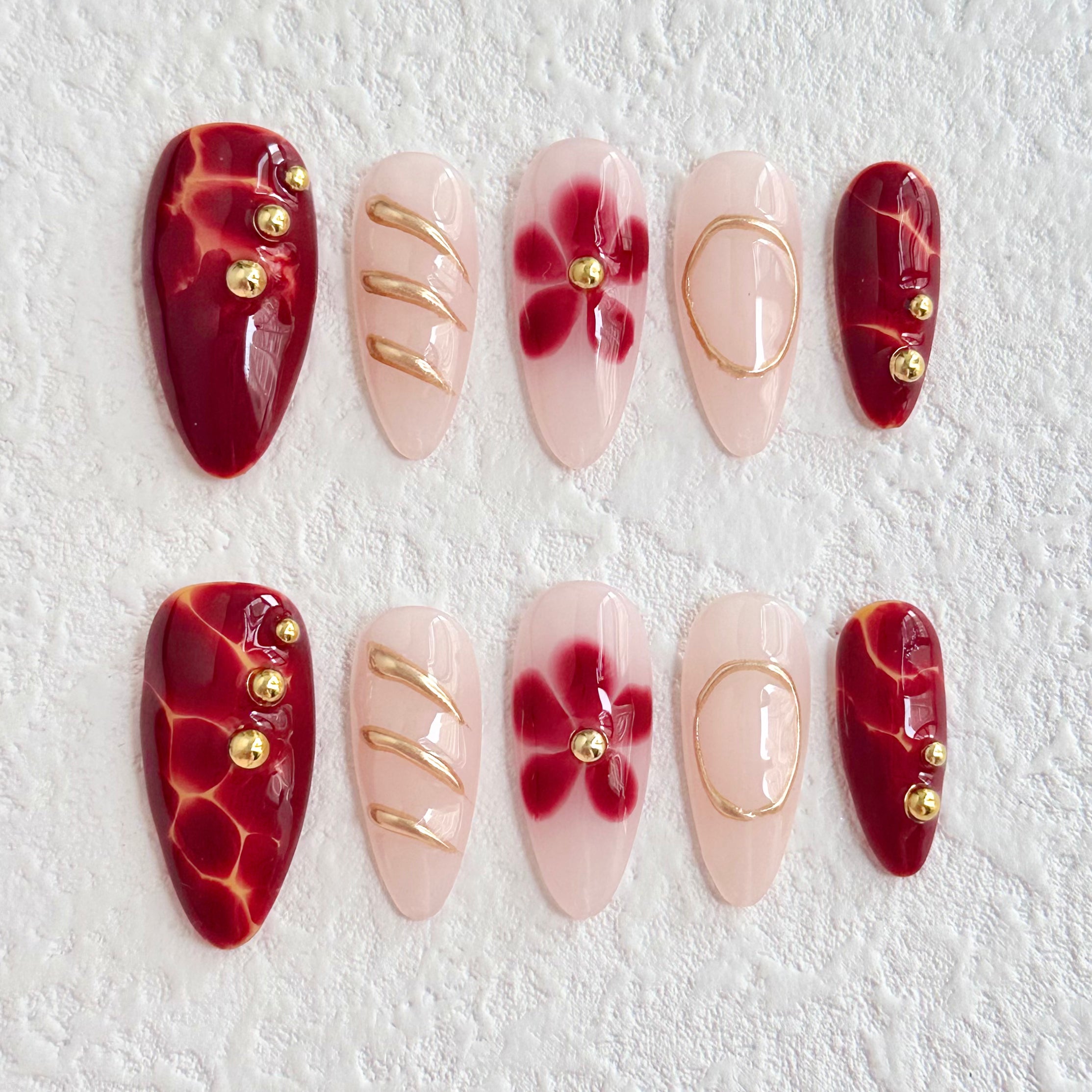 Burgundy Gold Accent | Handmade Nails,Ellie Vincy Press on Nails,Long, Medium  Almond,Cute, Glitter, Floral,Handmade Pink, White, Floral, Gold press on nails,10 pcs, false nails,reusable,glue on nails