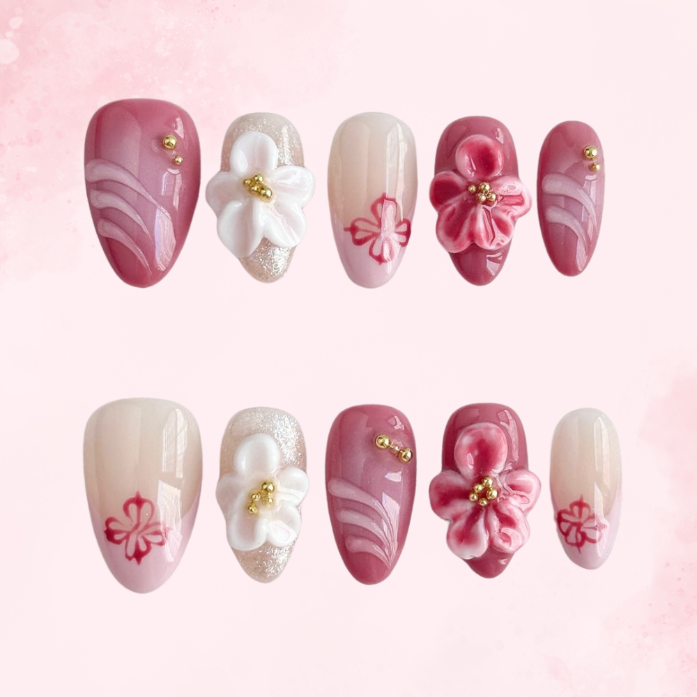 Petal Swirl Bloom | Handmade Nails,Ellie Vincy Press on Nails,Short  Almond,Iridescent, Metallic, Solid color, Floral,Handmade White, Floral, Pink, Red press on nails,10 pcs, False nails,Reusable,Glue on nails,Sticky on nails,Pop on nails