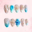 Ocean Bloom Pearl | Handmade Nails,Ellie Vincy Press on Nails,Short  Almond,Ombre, Metallic, Iridescent, Floral, Solid color,Handmade Blue, White, Nude press on nails,10 pcs, False nails,Reusable,Glue on nails,Sticky on nails,Pop on nails