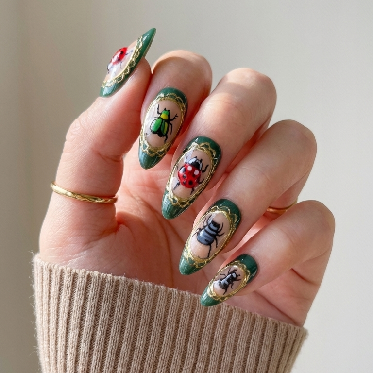 ellie vincy press on nails  Beetle Garden| Handmade Nails Almond  Green, Nude, Animal  Glitter, Metallic, Abstract, Animal print