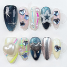 Cosmic Heart Glow | Handmade Nails,Ellie Vincy Press on Nails,Short  Almond,Cute, Glitter, Metallic,Handmade Blue, Silver, White press on nails,10 pcs, false nails,reusable,glue on nails