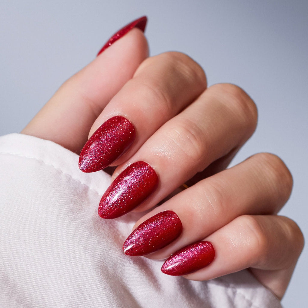 red nails, red cat eye, red almond nails, short red nails, press on nails, glued-on nails,