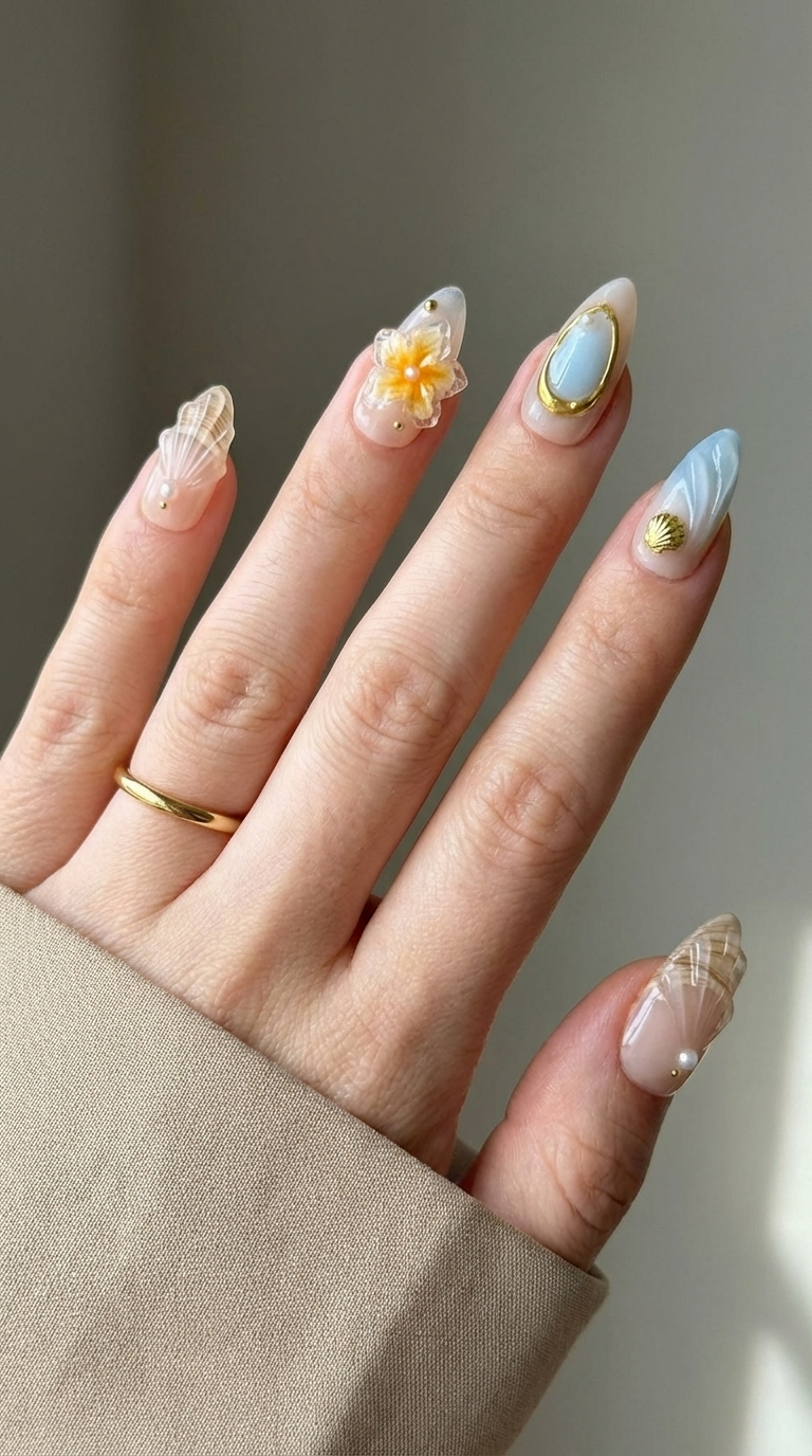 Ellie Vincy Press on Nails  Coastal Shell  Almond Luxury Short Glue on Press on Nails Almond, Square  Floral, Pink, Beige, Geometric  Floral, French tip, Abstract, Geometric, Metallic