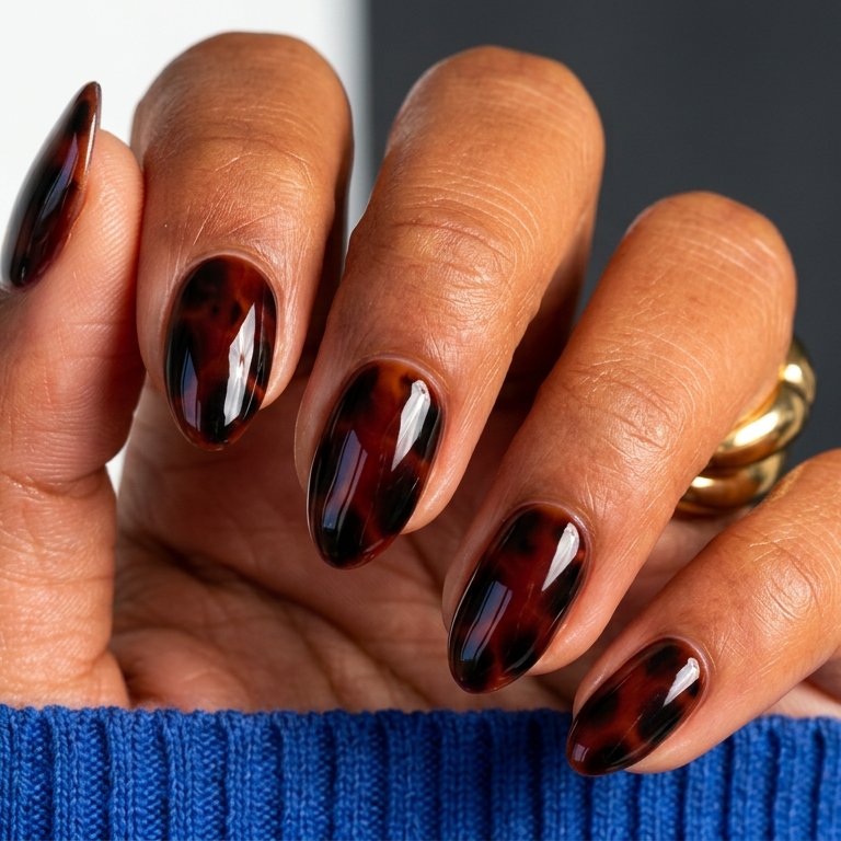 Hand with tortoiseshell nail polish wearing a blue sleeve against a dark background