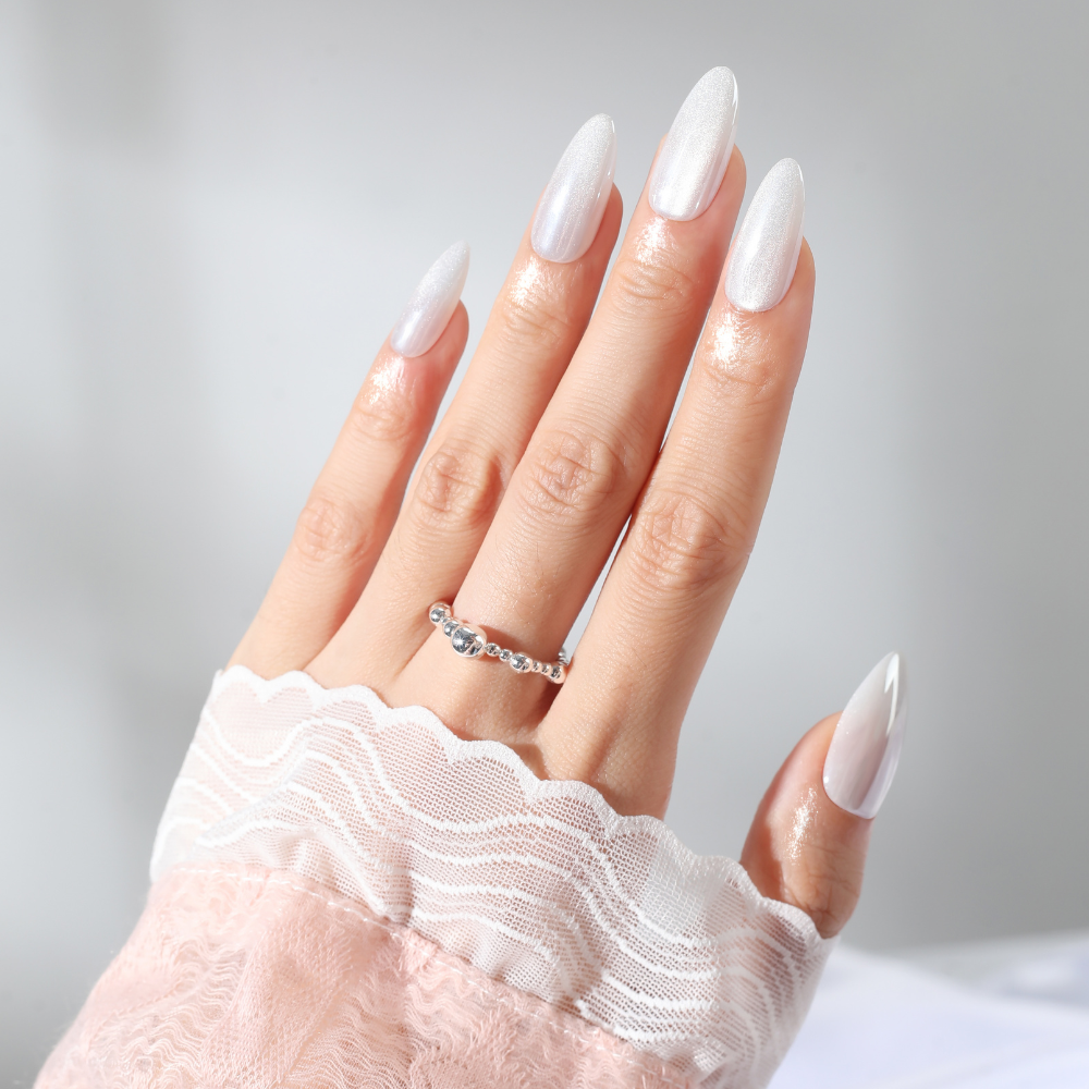 Slate Gaze,Ellie Vincy Press on Nails,  Almond,Solid color, Silver press on nails,28 pcs, False nails,Reusable,Glue on nails,Sticky on nails,Pop on nails