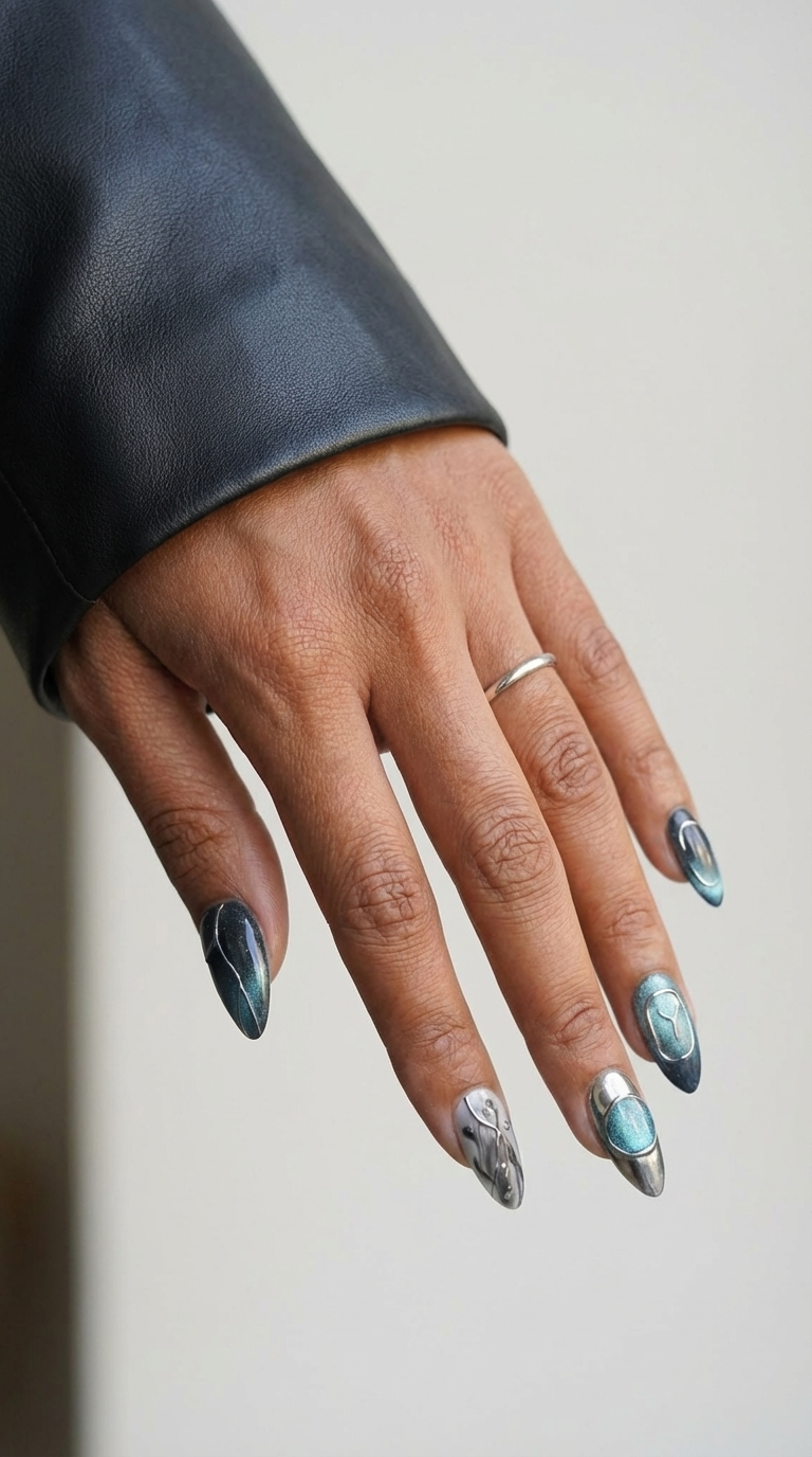 ellie vincy press on nails  Oceanic Edge | Handmade Nails Almond  Blue  Abstract, Metallic, Geometric, Chrome